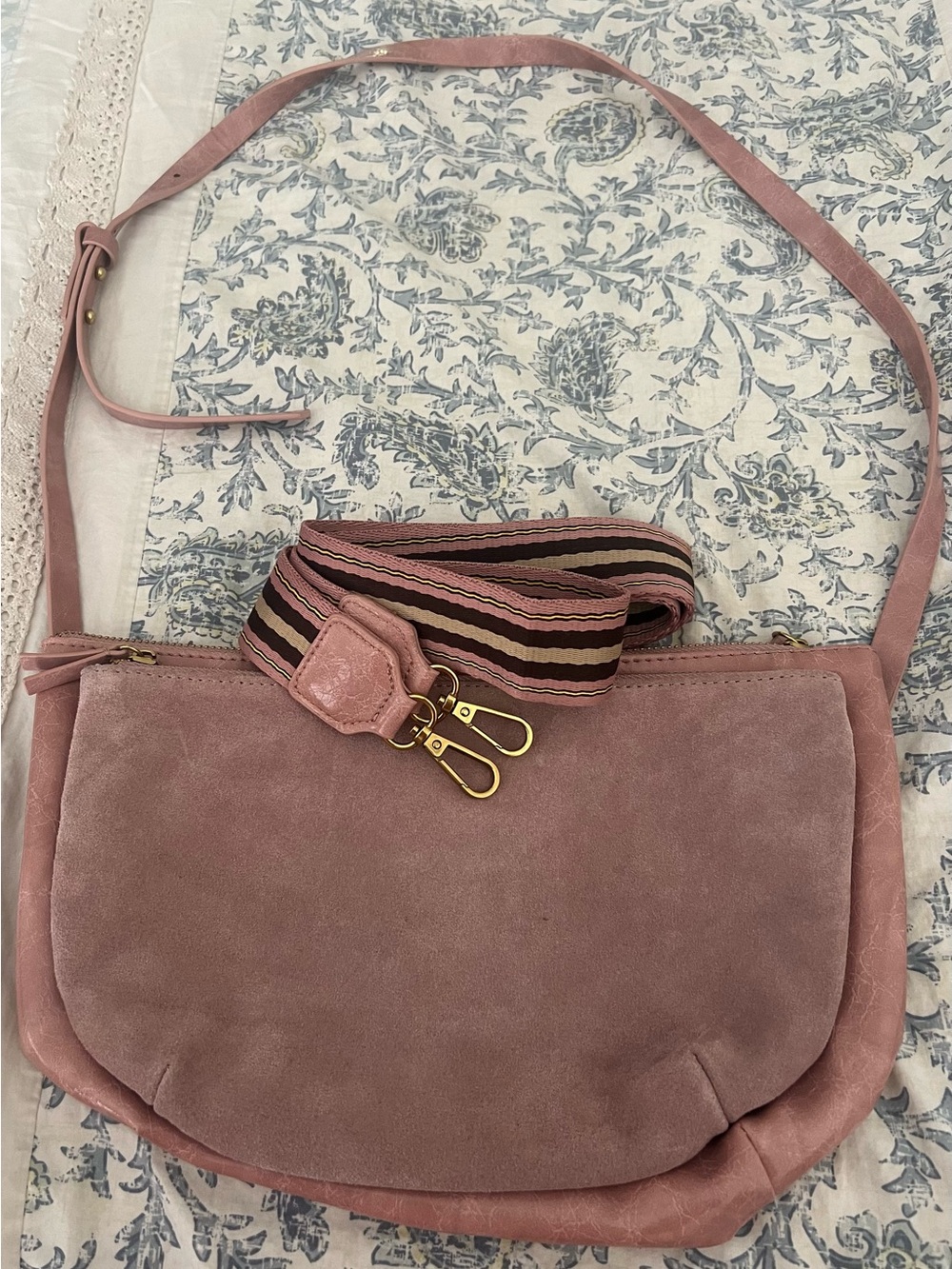 Anthropologie Dusty Rose Suede Crossbody Bag with Striped Strap